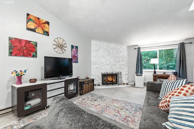 14938 SW 109th Ave, Portland, OR 97224 - living room with a textured ceiling, a fireplace, and carpet flooring