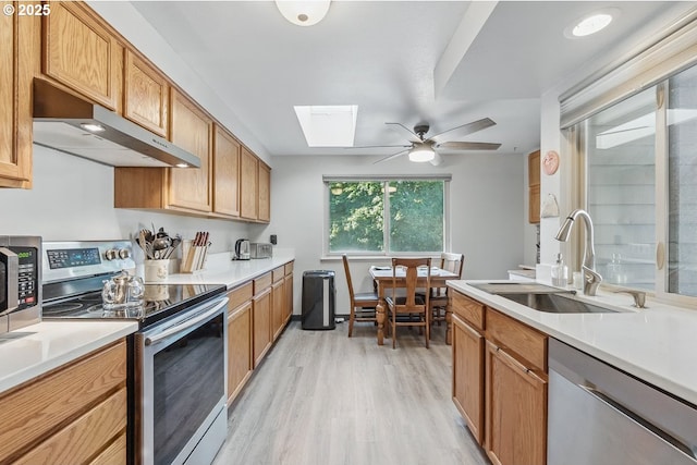 14938 SW 109th Ave, Portland, OR 97224 - kitchen with appliances with stainless steel finishes, under cabinet range hood, a sink, light wood-type flooring, and a skylight