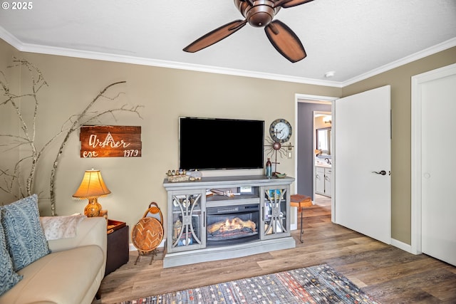 440 S Cascade Dr, Woodburn, OR 97071 - living area featuring wood finished floors, ornamental molding, ceiling fan, baseboards, and a glass covered fireplace
