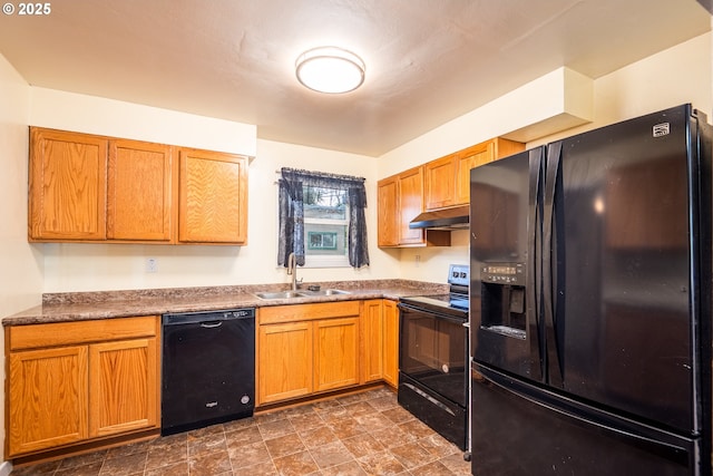 3198 Pheasant Blvd, Springfield, OR 97477 - kitchen with black appliances, under cabinet range hood, stone finish flooring, and brown cabinets