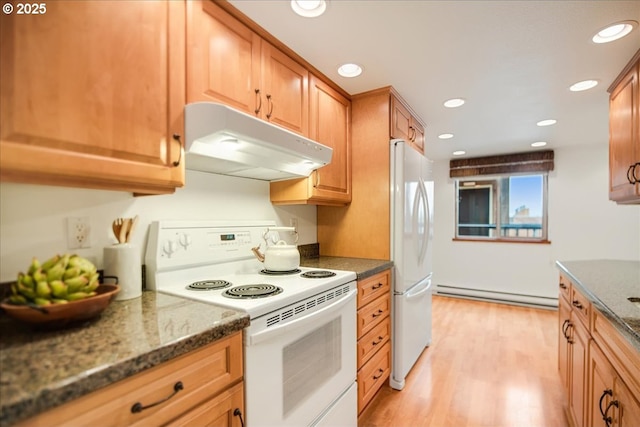 kitchen with light wood-style flooring, under cabinet range hood, a baseboard heating unit, recessed lighting, and white appliances