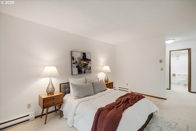 bedroom with a baseboard radiator, light carpet, and baseboards
