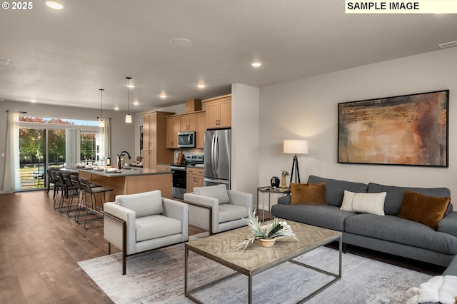 living room with hardwood / wood-style flooring and sink