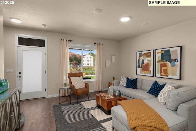 living room with hardwood / wood-style flooring and a textured ceiling