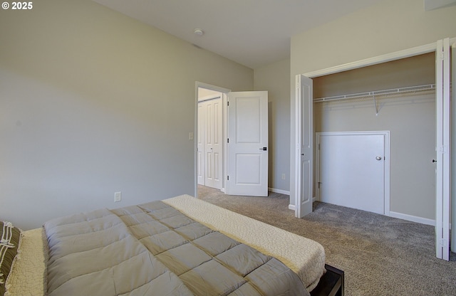 bedroom featuring carpet flooring and a closet