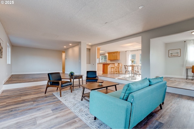 living room featuring hardwood / wood-style floors and a textured ceiling