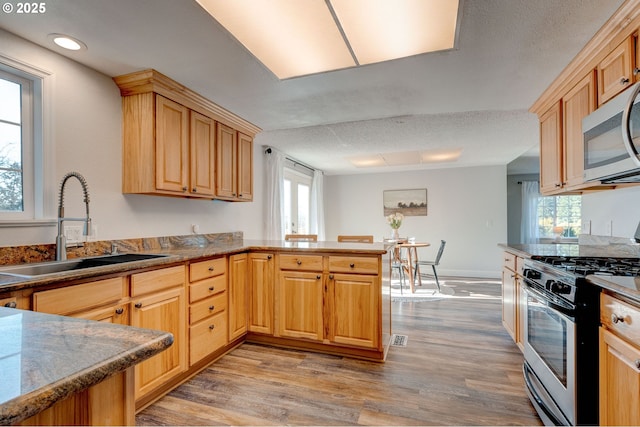 kitchen with appliances with stainless steel finishes, sink, light hardwood / wood-style flooring, and kitchen peninsula