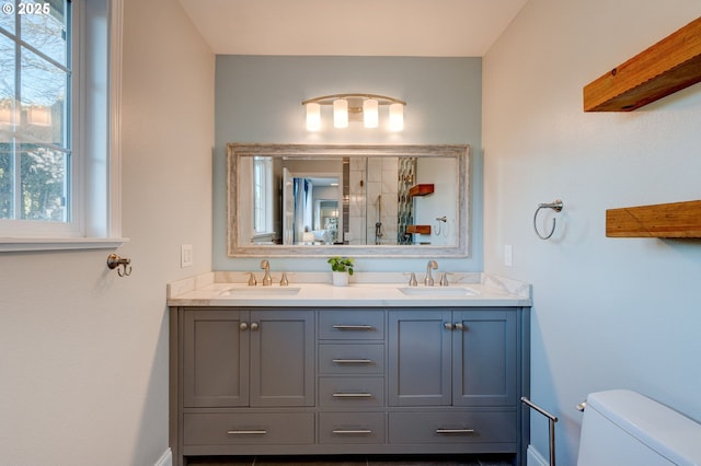 bathroom with a healthy amount of sunlight, toilet, and vanity