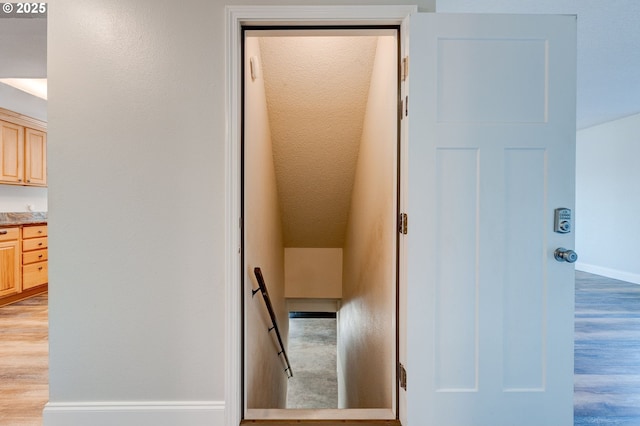 staircase with hardwood / wood-style floors