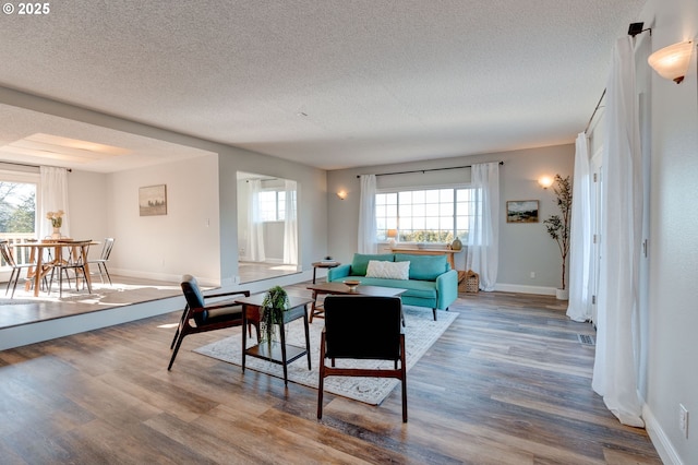 living room featuring wood-type flooring and a textured ceiling