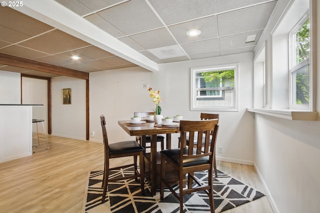 dining space with baseboards, wood finished floors, recessed lighting, and a drop ceiling