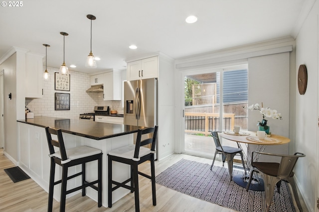 kitchen featuring dark countertops, decorative backsplash, stainless steel appliances, light wood finished floors, and under cabinet range hood
