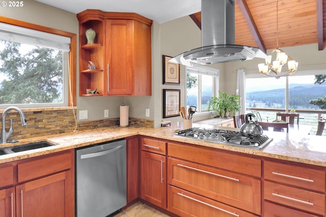 kitchen with appliances with stainless steel finishes, a sink, healthy amount of natural light, wall chimney exhaust hood, and beamed ceiling