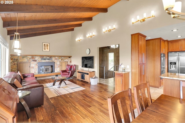 living room featuring a stone fireplace, wood ceiling, light wood-type flooring, and recessed lighting
