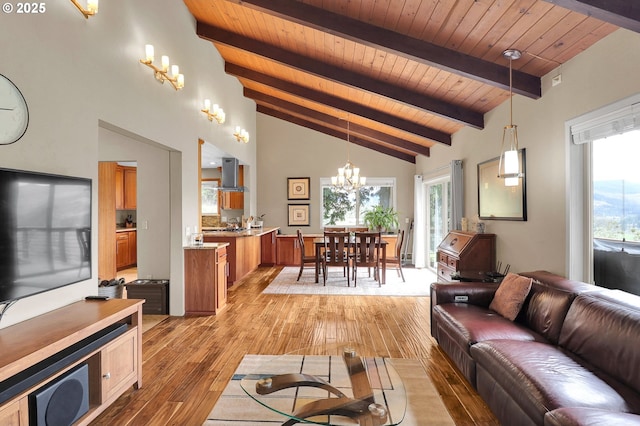 living room with a chandelier, beam ceiling, wooden ceiling, light wood finished floors, and high vaulted ceiling