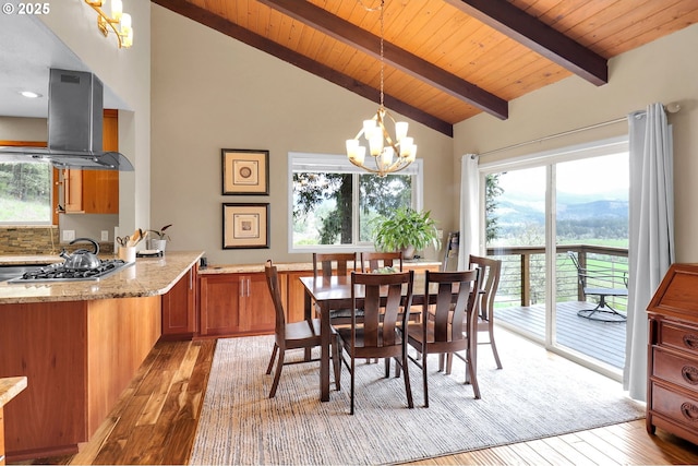 dining room featuring light wood-type flooring, beamed ceiling, wood ceiling, a chandelier, and high vaulted ceiling