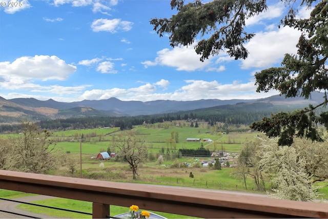 view of mountain backdrop featuring rural landscape and a pastoral area