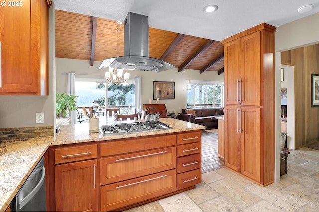 kitchen featuring wall chimney range hood, stainless steel appliances, wooden ceiling, a peninsula, and a chandelier