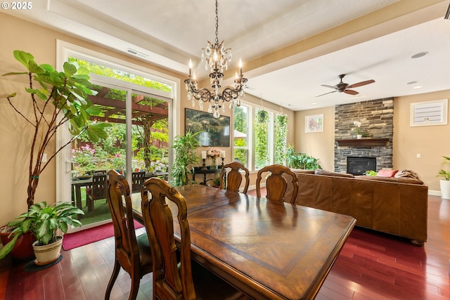 3356 NW 153rd Ter, Portland, OR 97229 - dining space with dark wood-style floors, a fireplace, and ceiling fan