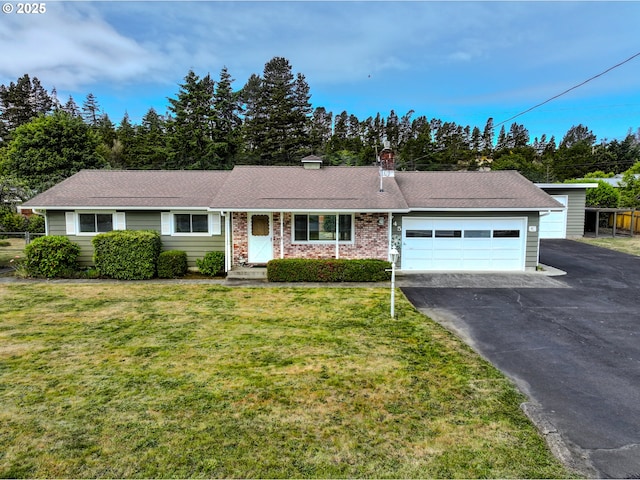 745 N 8th St, Lakeside, OR 97449 - ranch-style house featuring driveway, a chimney, a garage, and view of scattered trees