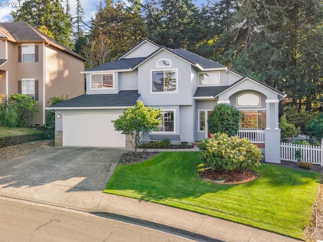 view of front facade featuring roof with shingles, an attached garage, a front yard, fence, and driveway