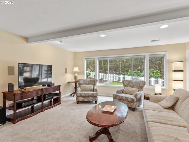 living area featuring carpet, baseboards, beam ceiling, and recessed lighting