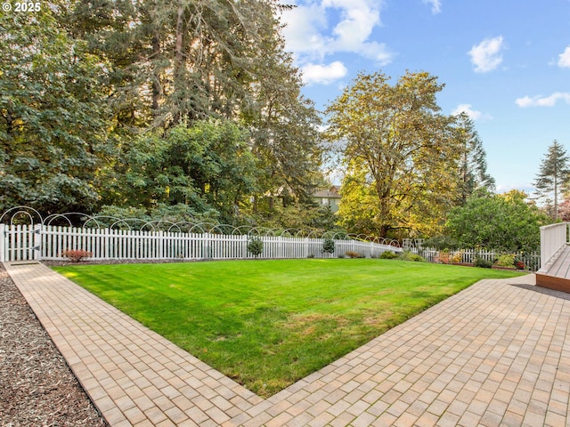 view of yard featuring fence private yard and a patio area