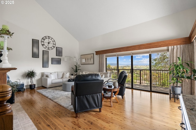 living room with baseboards, high vaulted ceiling, and light wood-style flooring
