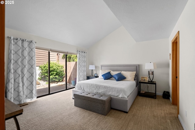 carpeted bedroom with access to outside, baseboards, lofted ceiling, and visible vents