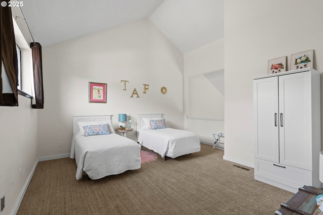 bedroom with baseboards, carpet flooring, high vaulted ceiling, and visible vents
