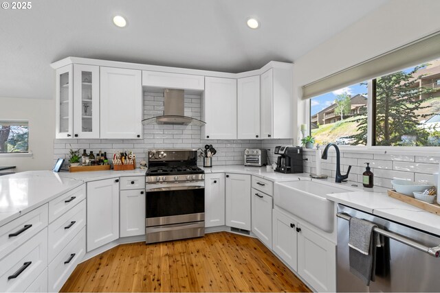 kitchen with a sink, appliances with stainless steel finishes, a wealth of natural light, and wall chimney range hood