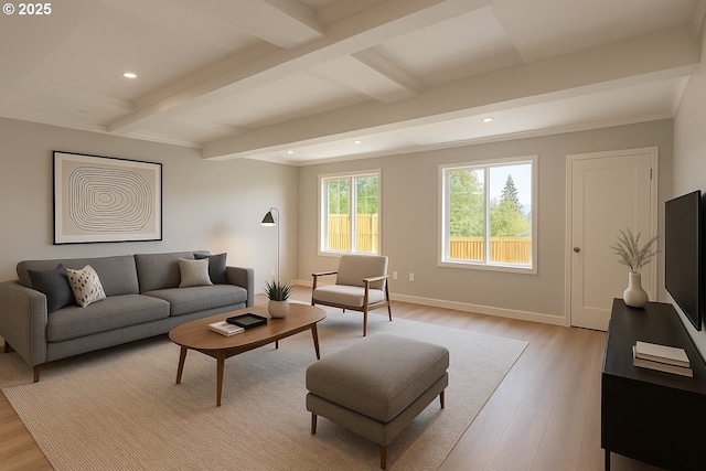 17590 SW Steens Ln, Beaverton, OR 97007 - living room with light wood-style flooring, beam ceiling, recessed lighting, and baseboards