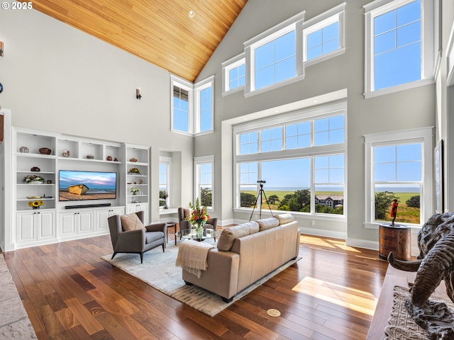 living room with high vaulted ceiling, wood-type flooring, wooden ceiling, and baseboards