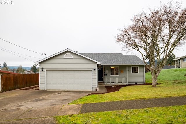 ranch-style house with a front lawn, a garage, and covered porch