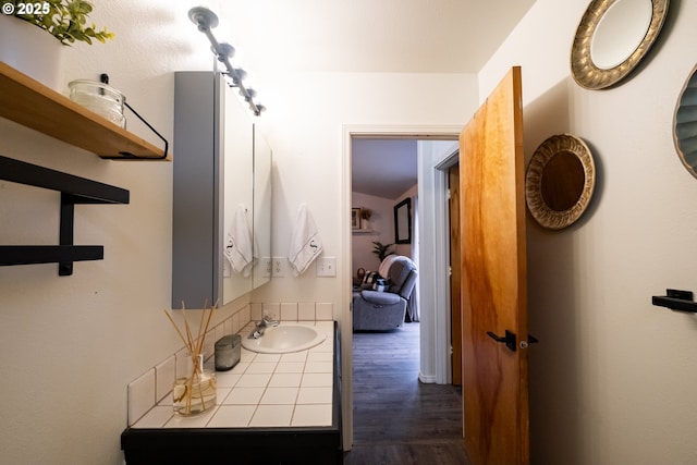 bathroom with wood-type flooring and vanity