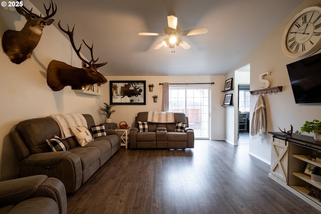 living room with ceiling fan and dark hardwood / wood-style floors