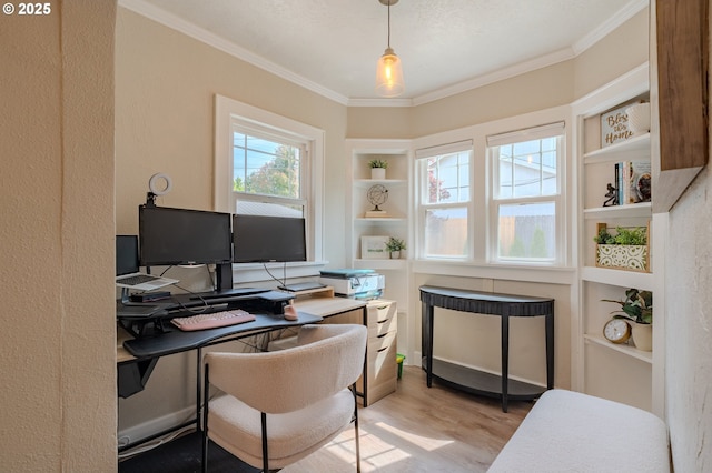 438 SE Roberts Ave, Gresham, OR 97080 - office area featuring light wood finished floors, ornamental molding, and built in shelves