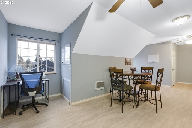 14504 SE Old Barn Ln, Damascus, OR 97089 - dining space featuring ceiling fan, wood finished floors, vaulted ceiling, and baseboards