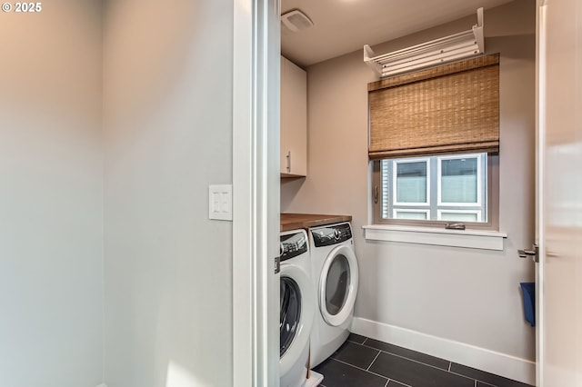 7952 SE 6th Ave, Portland, OR 97202 - washroom with cabinet space, washing machine and dryer, baseboards, and dark tile patterned flooring
