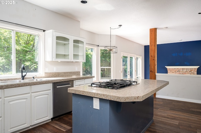 kitchen with a sink, dark wood-style flooring, appliances with stainless steel finishes, and glass insert cabinets