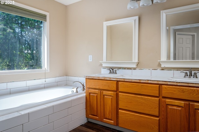 bathroom with a sink, double vanity, and a wealth of natural light