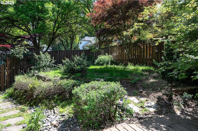 view of yard featuring a deck and a fenced backyard