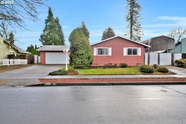 view of front facade with a garage, driveway, fence, crawl space, and a carport