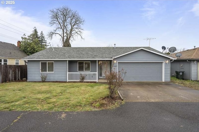 single story home featuring a front yard, roof with shingles, covered porch, a garage, and aphalt driveway