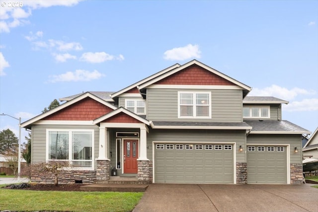 5396 SE Frances Ct, Hillsboro, OR 97123 - craftsman-style house featuring an attached garage, stone siding, driveway, and roof with shingles