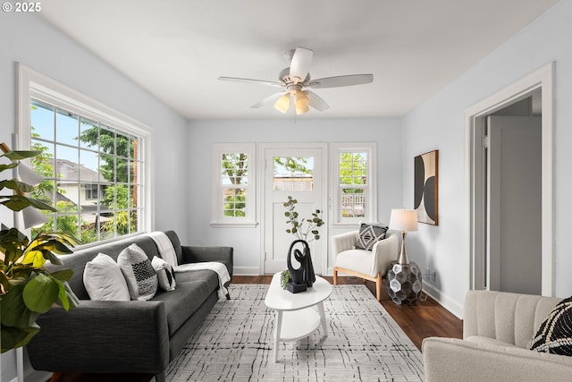705 Jackson St, Oregon City, OR 97045 - living room featuring plenty of natural light, baseboards, wood finished floors, and ceiling fan