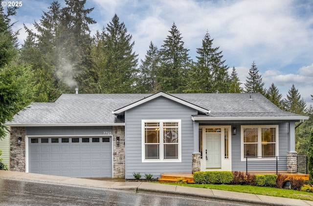 7793 SW 189th Ave, Beaverton, OR 97007 - single story home featuring stone siding, a garage, roof with shingles, driveway, and a porch