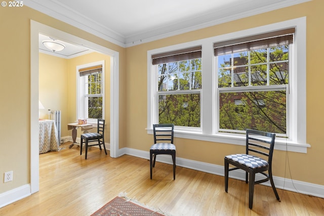 living area with plenty of natural light, baseboards, and wood finished floors