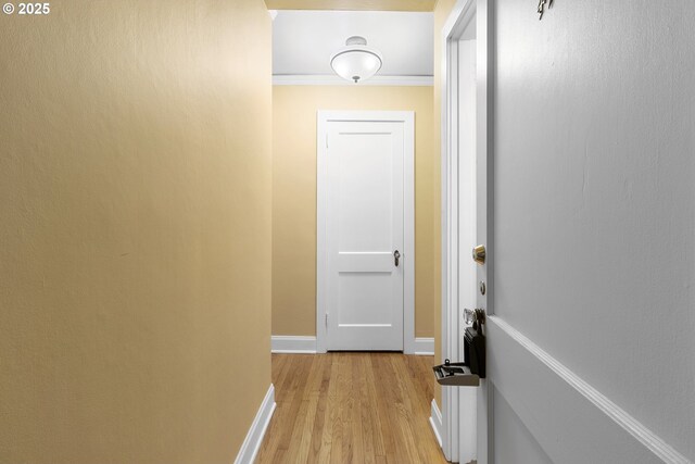 hall with crown molding, baseboards, and light wood-style floors