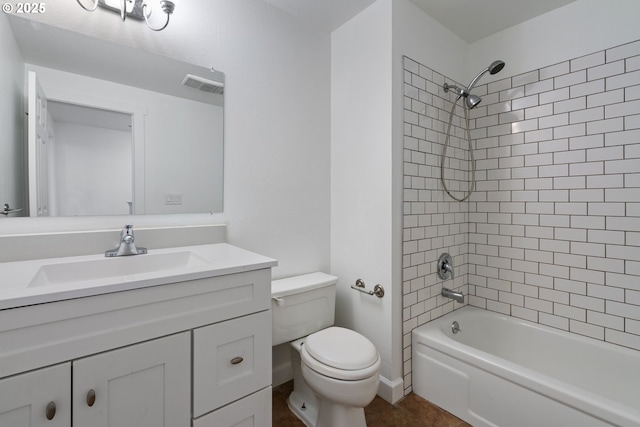 full bathroom featuring vanity, toilet,  shower combination, and visible vents